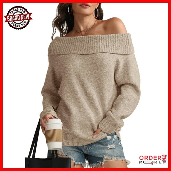 Sweaters - Oversized Off-Shoulder Pullover Sweater Batwing Sleeve Loose Fit